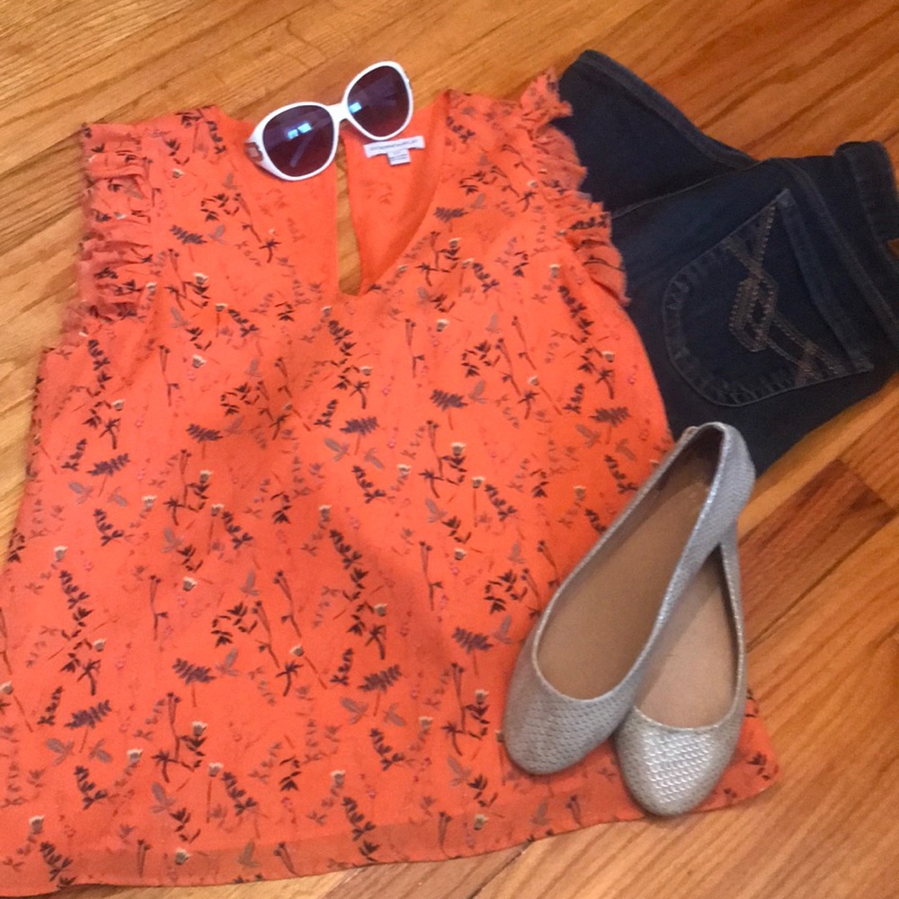 Orange floral ruffle blouse